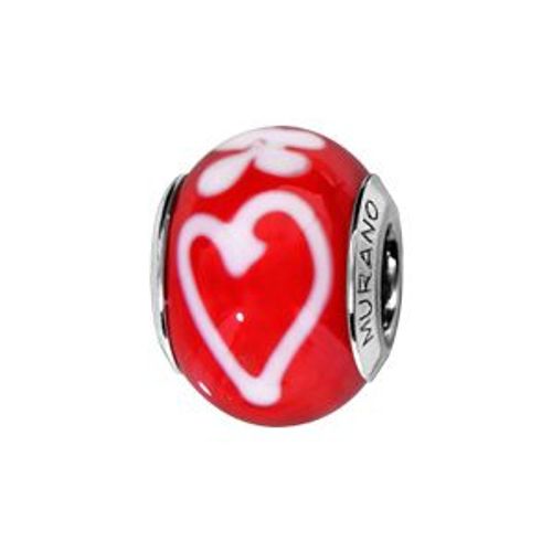 Charms Coulissant Argent Rhodié Verre De Murano Véritable Rouge Motif Coeur Et Fleur