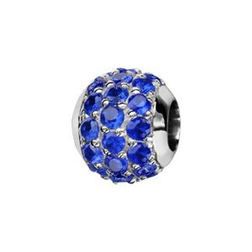 Charms Coulissant Argent Rhodié Boule Pierres Bleu Foncé Serties