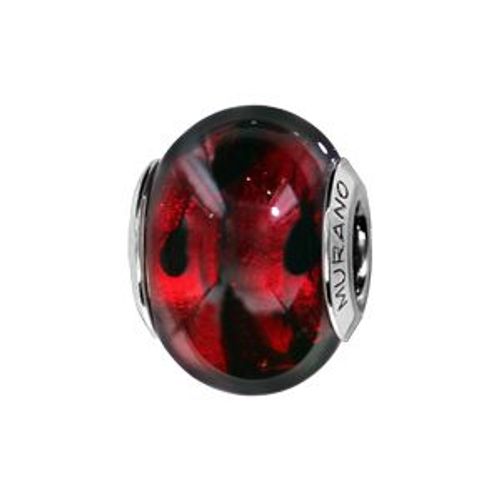 Charms Coulissant Argent Rhodié Verre De Murano Véritable Rouge Taches Noires