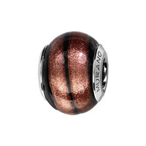 Charms Coulissant Argent Rhodié Verre De Murano Véritable Noir Bande Marron