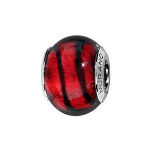 Charms Coulissant Argent Rhodié Verre De Murano Véritable Rouge Filet Noir
