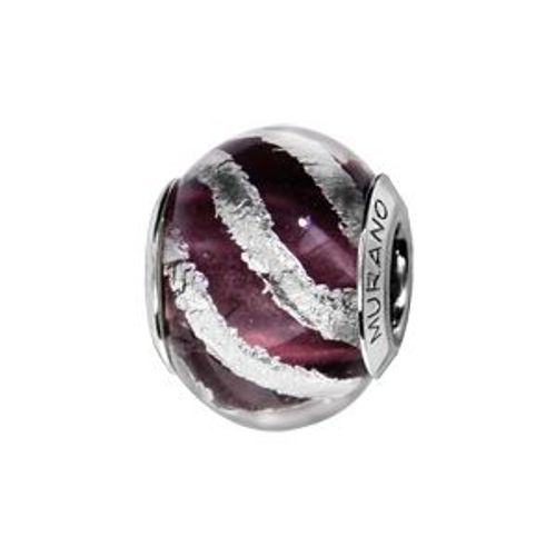Charms Coulissant Argent Rhodié Verre De Murano Véritable Violet Avec Bande En Biais Argentée