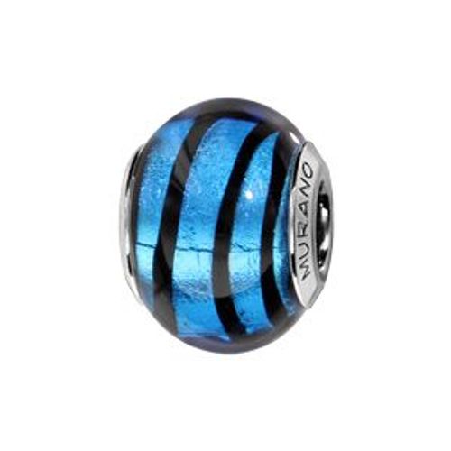 Charms Coulissant Argent Rhodié Verre De Murano Véritable Bleu Avec Trait Noir