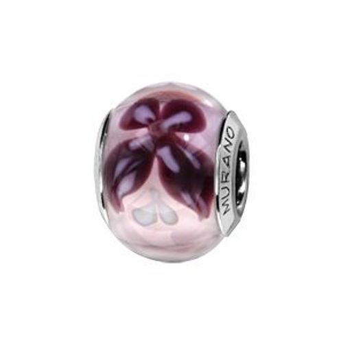 Charms Coulissant Argent Rhodié Verre De Murano Véritable Violet Avec Fleur