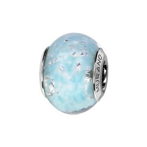 Charms Coulissant Argent Rhodié Verre De Murano Véritable Bleu Ciel Avec Feuillage