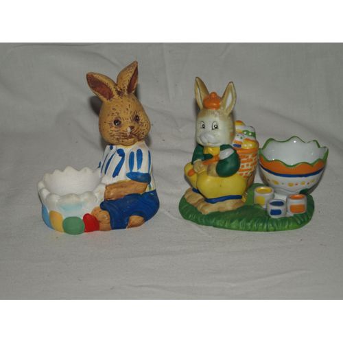 Lot De 2 Coquetiers Lapin 12cm Hotte D'oeufs En Plâtre Peint