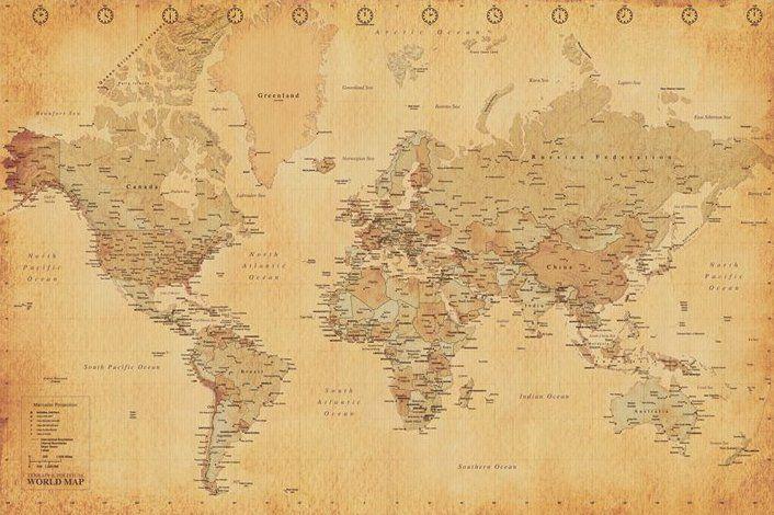 World Map - Carte du Monde - Vintage style - AFFICHE / POSTER envoi en tube