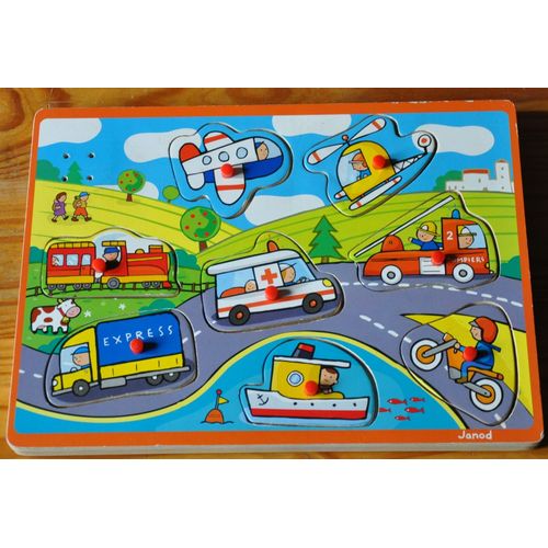 Puzzle Bois Enfant Encastrements Véhicules Sonores / Voiture Avion Hélico Bateau Train Ambulance