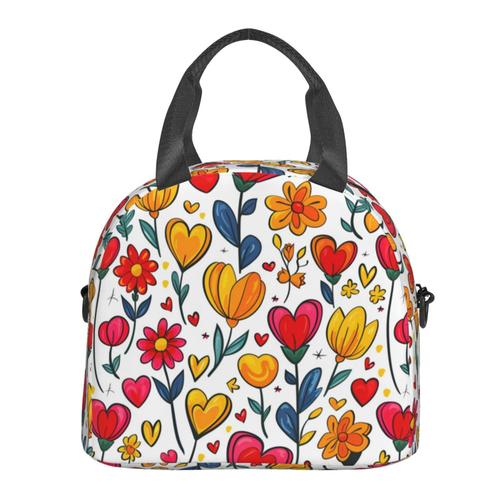 Sac à déjeuner Fleurs de printemps, motifs de coeurs doux Sac besace à main avec sangle d'épaule, Sac Fourre-tout Réutilisable pour Enfant, Retour à l'école, Femmes, Garçon, Fille