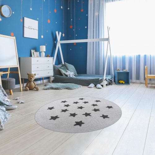Tapis Salon 140x140 Rond Cm Rond Etoile Rond Blanc Chambre Tufté Main Coton