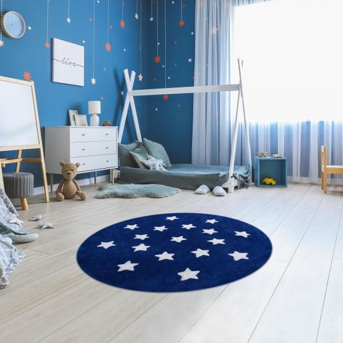 Tapis Salon 140x140 Rond Cm Rond Etoile Rond Bleu Chambre Tufté Main Coton