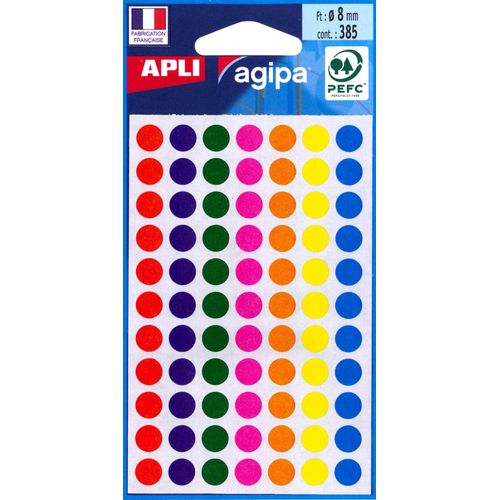 Apli-Agipa - Étiquettes Adhésives Permanentes - Bleu, Jaune, Violet, Rouge, Vert, Orange, Rose, Couleurs Assorties - Diamètre 8 Mm 385 Étiquette(S) ( 5 Feuille(S) X 77 )