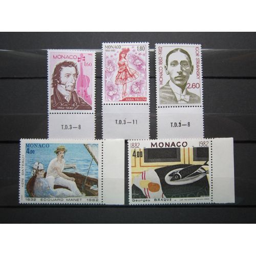 Monaco. Timbres N° 1344 A 1348 (1982). Serie "Les Arts". Anniversaires De Naissance D Artistes Celebres.