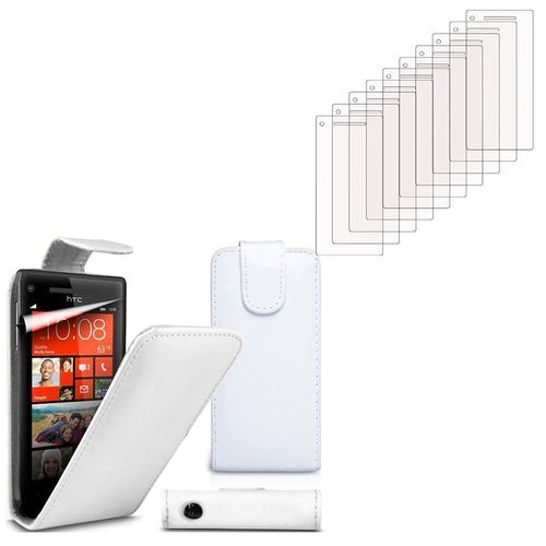 Htc Windows Phone 8x: Etui Coque Housse Pochette Accessoires Simili Cuir + 10 Films De Protection D'écran Clear Transparent - Blanc