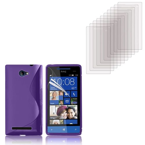 Htc Windows Phone 8s: Coque Etui Housse Pochette Accessoires Silicone Gel + 10 Films De Protection D'écran Clear Transparent - Violet