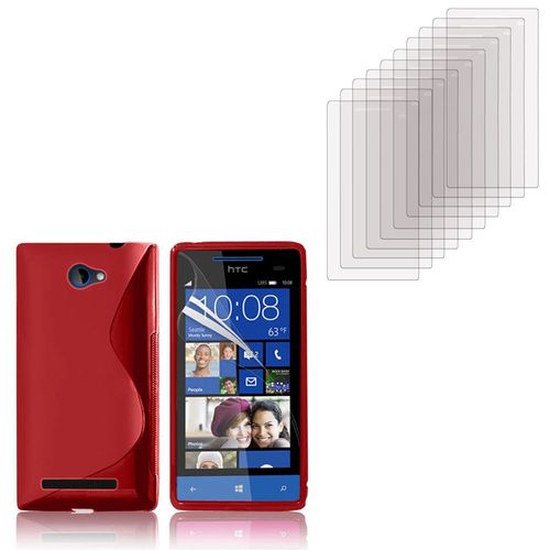 Htc Windows Phone 8s: Coque Etui Housse Pochette Accessoires Silicone Gel + 10 Films De Protection D'écran Clear Transparent - Rouge