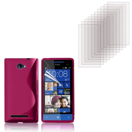 Htc Windows Phone 8s: Coque Etui Housse Pochette Accessoires Silicone Gel + 10 Films De Protection D'écran Clear Transparent - Rose