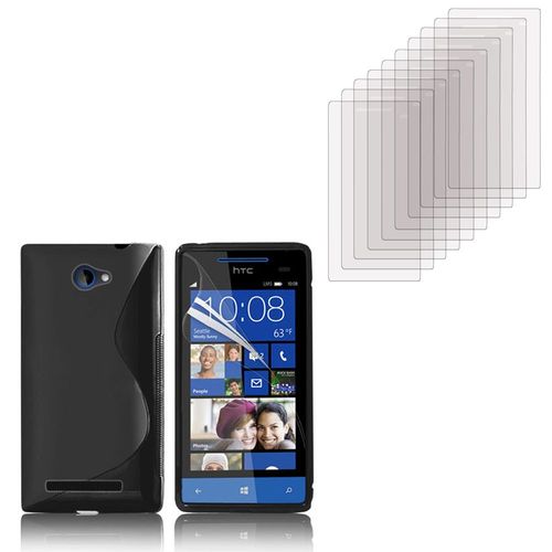 Htc Windows Phone 8s: Coque Etui Housse Pochette Accessoires Silicone Gel + 10 Films De Protection D'écran Clear Transparent - Noir