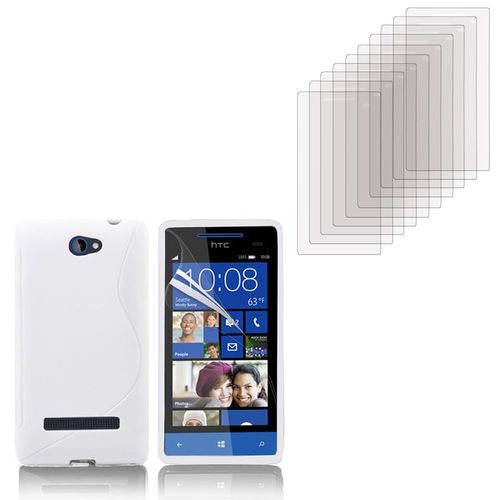 Htc Windows Phone 8s: Coque Etui Housse Pochette Accessoires Silicone Gel + 10 Films De Protection D'écran Clear Transparent - Blanc