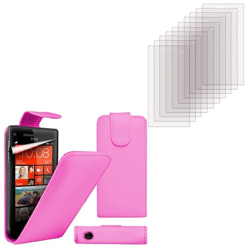 Htc Windows Phone 8s: Etui Coque Housse Pochette Accessoires Simili Cuir + 10 Films De Protection D'écran Clear Transparent - Rose