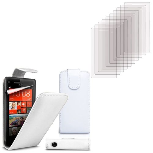 Htc Windows Phone 8s: Etui Coque Housse Pochette Accessoires Simili Cuir + 10 Films De Protection D'écran Clear Transparent - Blanc