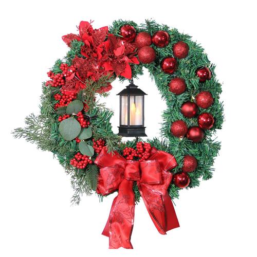 (Aiguilles de pin PE + boules en plastique) (bougie au milieu, pile bouton incluse) Guirlande lumineuse de bougie de Noël 40 cm baie rouge simulée fleur de Noël aiguille de pin en PVC décoration de boule de Noël suspendue à la porte