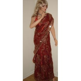Sari Indien Mariage Blouse Longue Reglable Rouge/Or T36/40 Bollywood Robe Indienne Takchita Robe Kabyle  Takchita