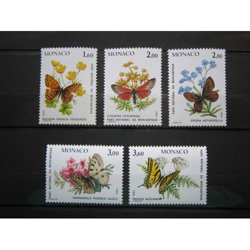 Monaco. Timbres N° 1420 A 1424 (1984). Faune Et Flore. Papillons Et Plantes Du Parc National Du Mercantour