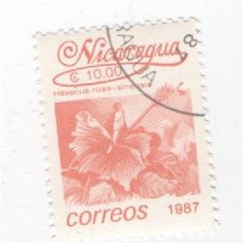 Timbre Oblitéré Nicaragua Fleur Plante Hibiscus Rosa 