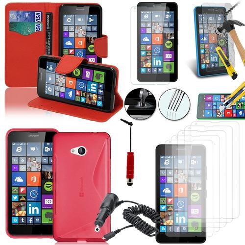 Microsoft Nokia Lumia 640 Lte/ 640 Lte Dual Sim/ 640 Dual Sim: Lot Coque Etui Housse Pochette Accessoires Silicone Gel Films Verre Trempé Stylet Chargeur Voiture Portefeuille Support Video Cuir Pu Effet Tissu - Rouge