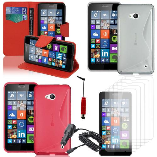 Microsoft Nokia Lumia 640 Lte/ 640 Lte Dual Sim/ 640 Dual Sim: Lot Coque Etui Housse Pochette Accessoires Silicone Gel Films Stylet Chargeur Voiture Portefeuille Support Video Cuir Pu Effet Tissu - Rouge