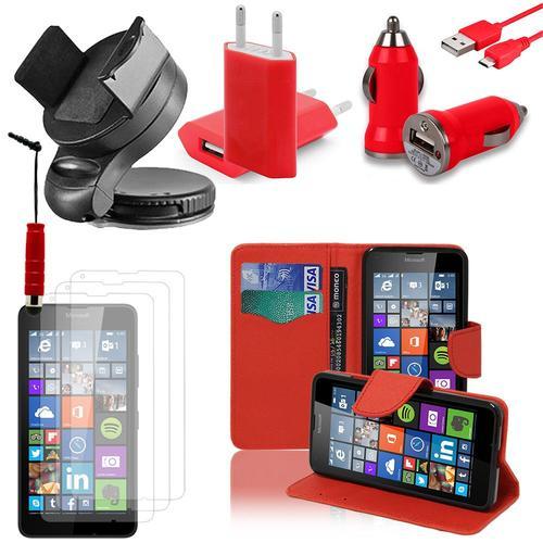 Microsoft Nokia Lumia 640 Lte/ 640 Lte Dual Sim/ 640 Dual Sim: Lot Etui Housse Coque Pochette Accessoires Support Chargeur Voiture Films Stylet Portefeuille Support Video Cuir Pu Effet Tissu - Rouge