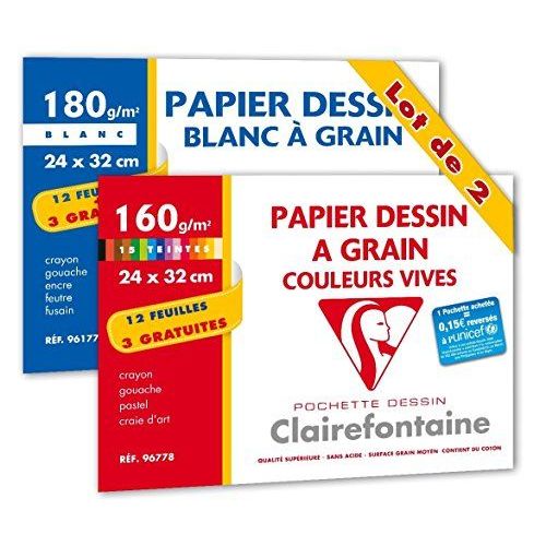 Clairefontaine Papier À Dessin En Pochette De 12 + 3 Feuilles Lot De 1 Pochette Blanc Et 1 Pochette Couleurs Vives