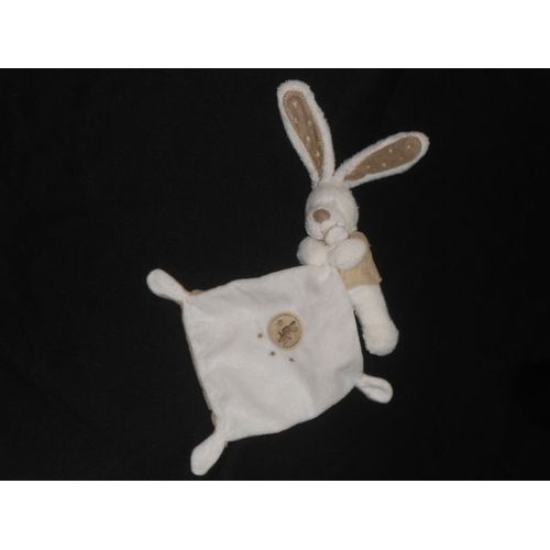 Doudou Peluche Lapin 30 Cm Et Son Mouchoir 18 X 18 Cm - Blanc Gris Beige - Étoile Brodé - Écusson - Nouette - Pommette 