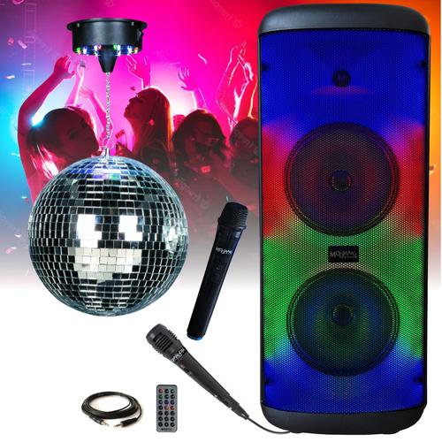 MOOVING LIGHT & SOUND - Enceinte Autonome sur batterie Karaoke USB Bluetooth ELECTRO-SOUND600 - 2 Micros - Boule à facette motorisée