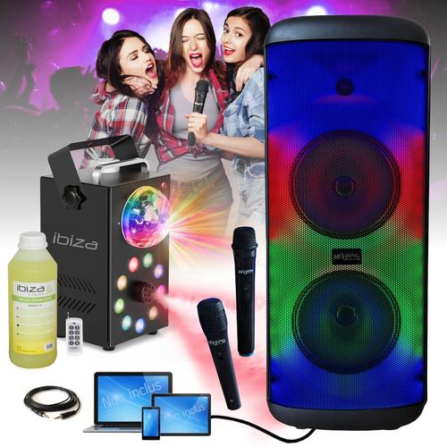 Pack MOOVING SOUND - Enceinte Karaoké Nomade 600W USB Bluetooth SD - 2 Micros - Machine Fumée LED FOGGY-ASTRO Anniversaire Cadeau