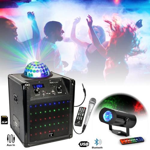 Enceinte sur batterie Karaoke enfant BOOST-KUBELED-BK Bluetooth/USB - Jeu de Lumière PARTY-MINIWAVE - Télécommande - Micro