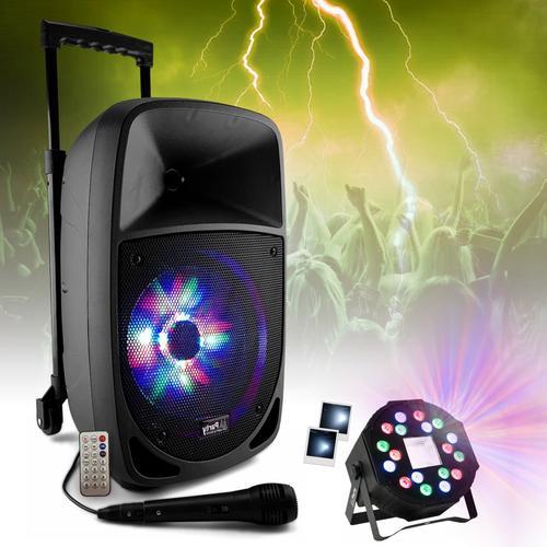 Pack Karaoké PARTY-8LED Enceinte Autonome USB SD FM MP3 Bluetooth 300W - Projecteur 2-en-1Strobe Musique Fête Soirée Cadeau