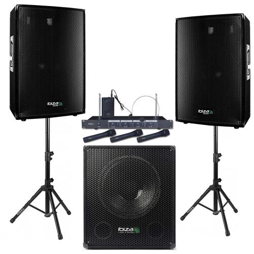 Pack Sono Karaoke Ibiza Sound CUBE1512 - 2 Enceintes 600W - Caisson 800W - Pieds - 4 Micros sans fil - Câbles - Soirée - Bar - Club