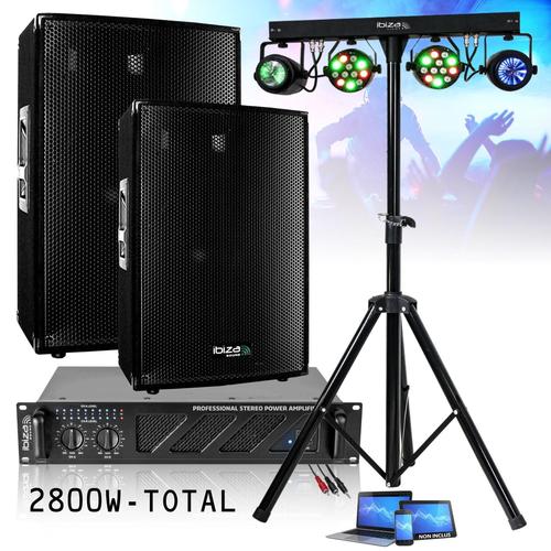 Pack Sono 2800W Total Ibiza - Ampli 2x800W - 2 Enceintes 600W - Pied Support - 4 Jeux de Lumière Projecteurs Par Moonflower - DJ Mobile