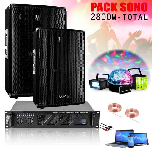 Pack Sono 2800W Total Ibiza Sound - 2 Enceintes Sono 600W - 1 Ampli ventilé 2x800W - 3 Jeux de Lumière - PA DJ Soirée Fête