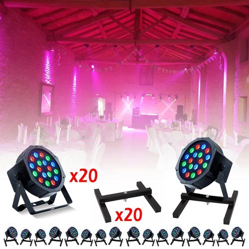 Pack Lumière 20 Projecteurs PARTY-PAR181 RGB 18x1W DMX + 20 embases sol Ibiza SL1 - Salle des fêtes - Soirée - DJ Mobile - Bar Club