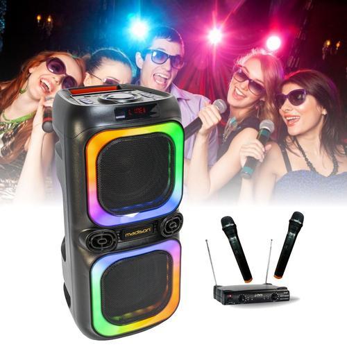 Enceinte Karaoke Bluetooth USB sur batterie TWS 600W MAD-NASH60 - 2 Micros sans-fil PARTY-200UHF Chanson Soirée Fête Anniversaire