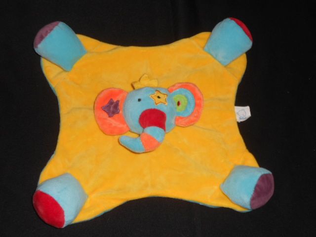 Doudou Plat Carré Jaune Bleu  Orange Rouge - Éléphant 4 Pattes - Couronne Et Étoile - Grelot - Bawi