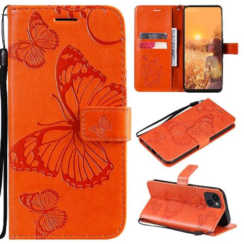 Étui Pour Étui De Téléphone Iphone 14 Couverture Magnétique Couverture Antichoc Avec Support De Fente Pour Carte Flip Kickband Cuir Pu - Orange