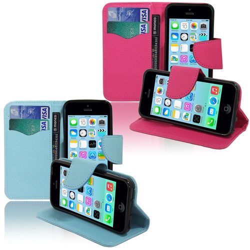 Etui Portefeuille Pour Apple Iphone 5c Support Video Cuir Pu Effet Tissu - Rose Et Bleu