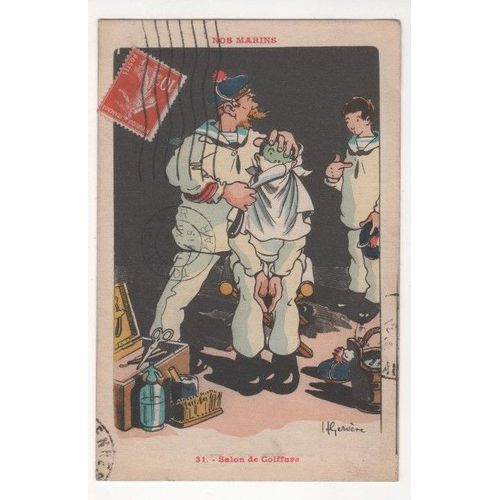 Carte Postale Ancienne Gervese Nos Marins Salon De Coiffure 1919 Moustache Pompon Rouge Rasoir Barbier Marin