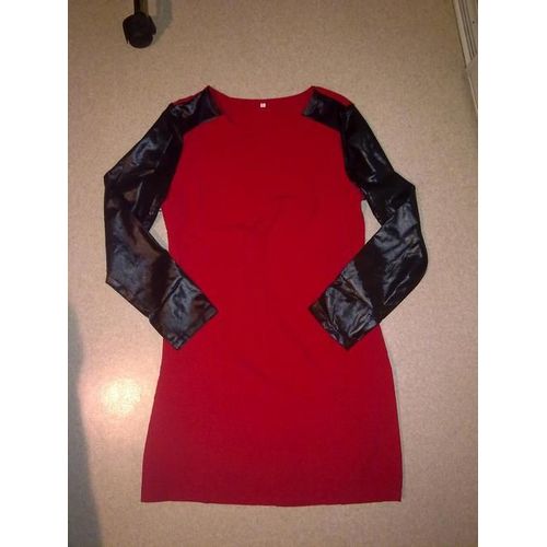 Robe Rouge Manche Cuir Noir - T40