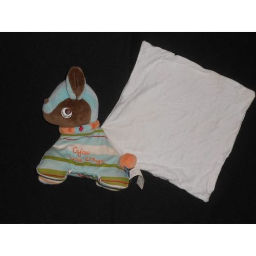Doudou Peluche Chien Cajou H 18 Cm  L 14 Cm Rayé Blanc Bleu Vert Orange Et Son Mouchoir Blanc - Sucre D'orge 