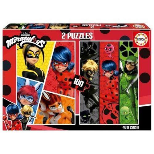 Pack Puzzles Miraculous - Ladybug Et Ses Amis Super Heros 2 X 100 Pieces - Fille, Garcon - Set Puzzle Dessin Anime + Carte